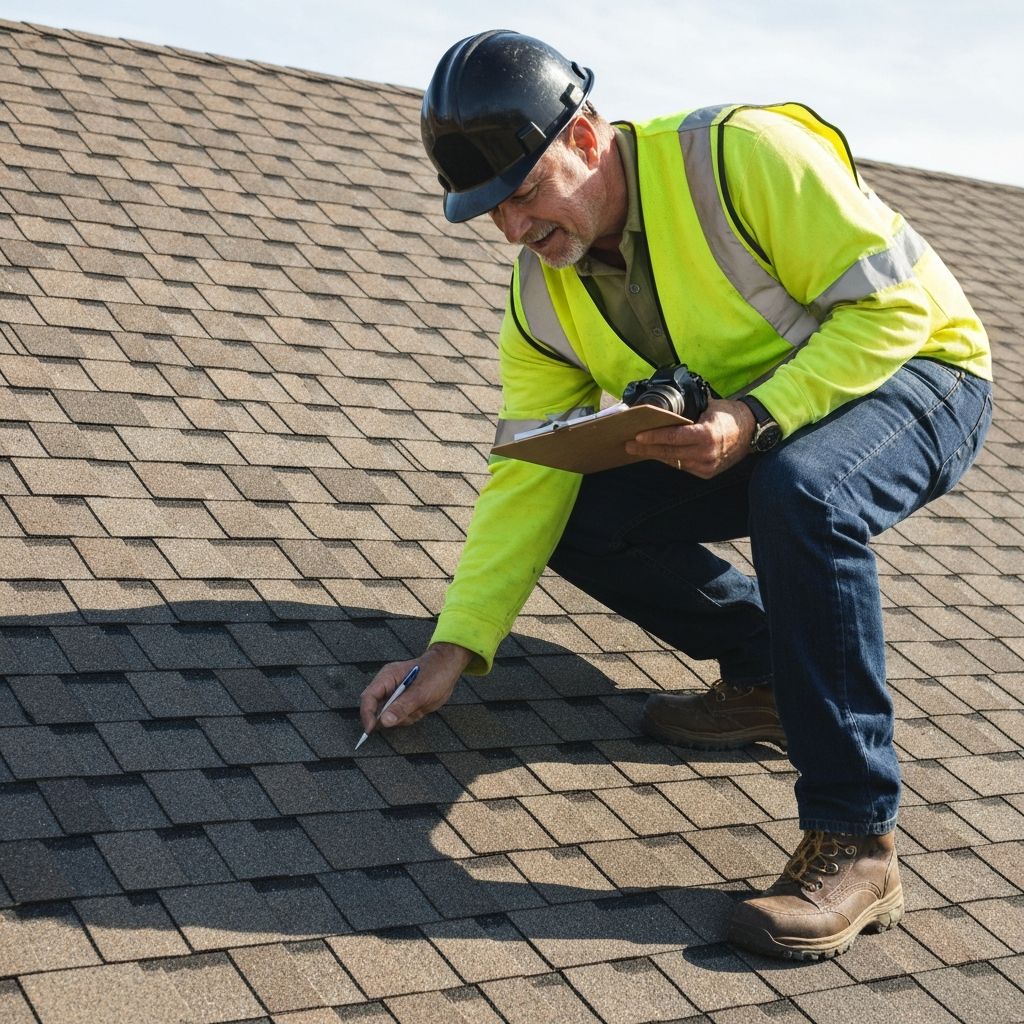 Professional roof inspector examining shingles