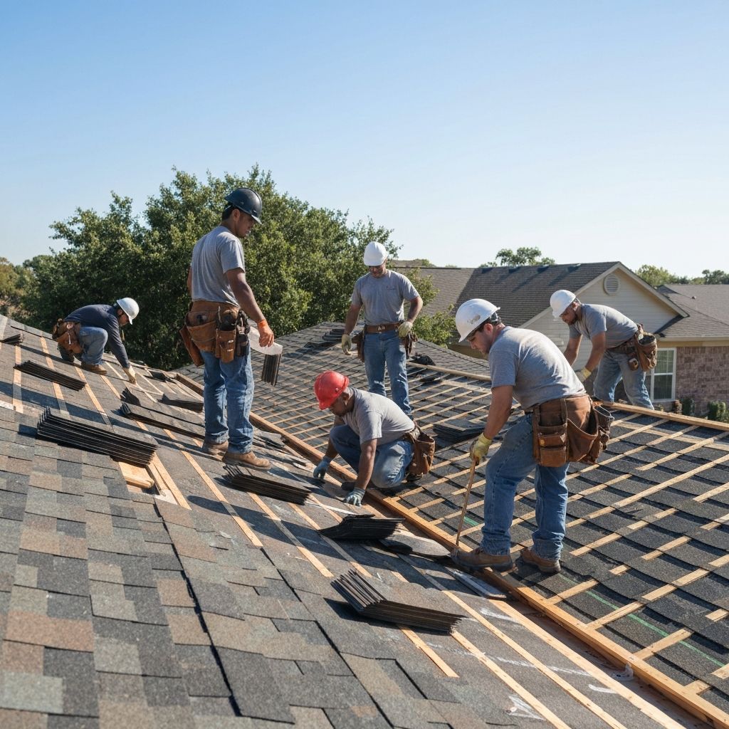 Professional roofing crew working on a residential roof installation