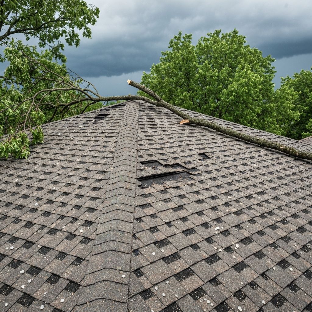 Storm damaged roof requiring emergency repair